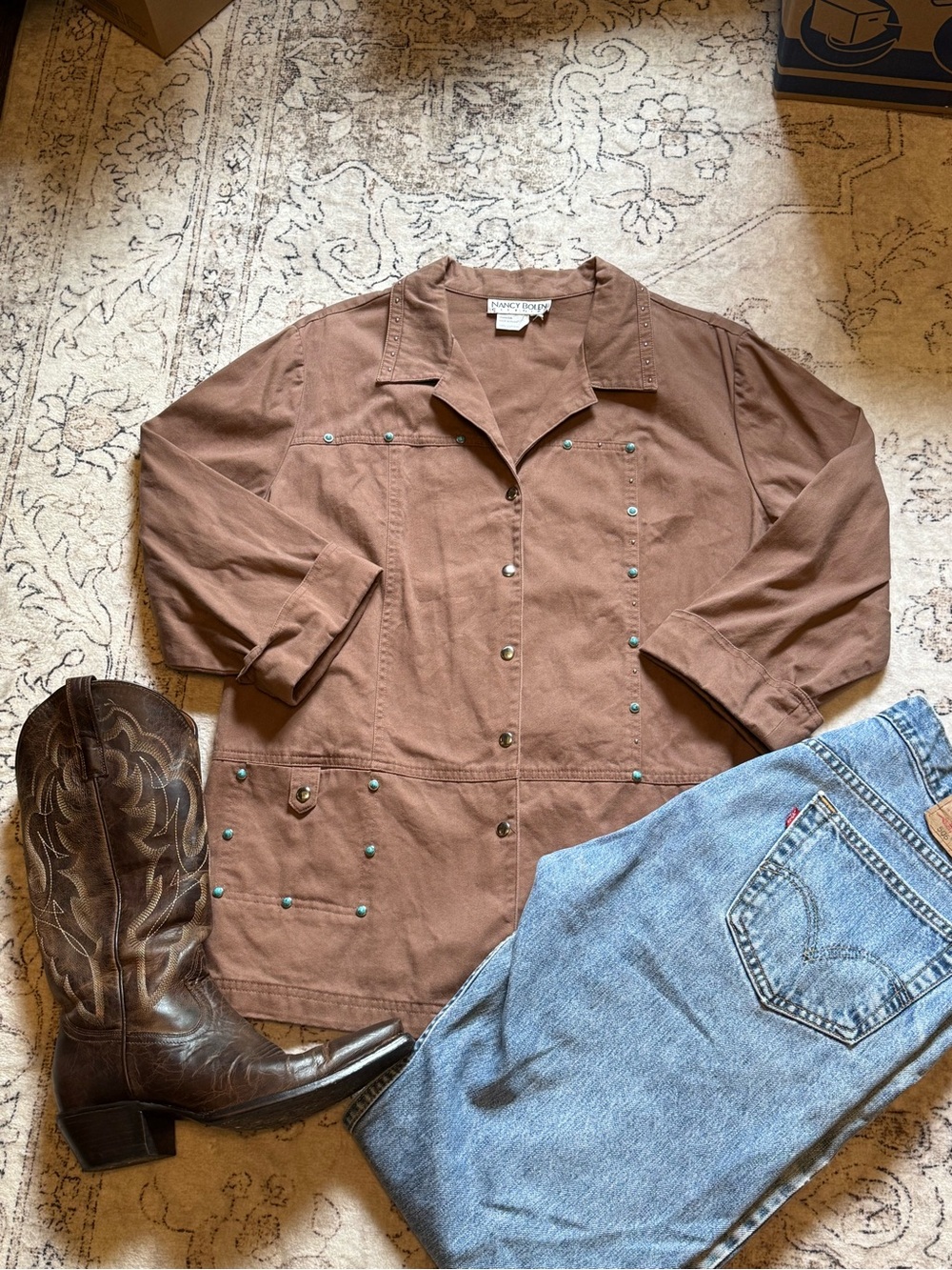 Western utility jacket with teal accents